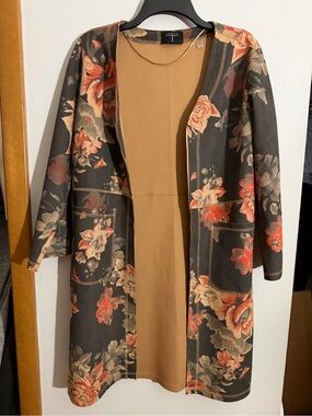 Tahari Black Floral Open-Front Long Coat with Tan Interior